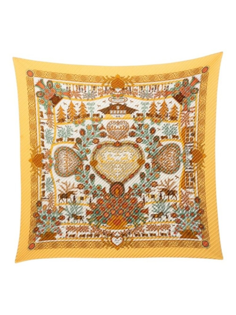 Hermes Carre 90 Pleats Decoupages Paper Cutting Large Scarf Yellow Multicolor